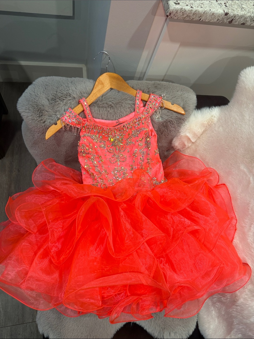 Little Rosie Pageant SR357 Flamingo Coral Organza Ruffle Glitz Girls Dress Sz 6 - Picture 3 of 5